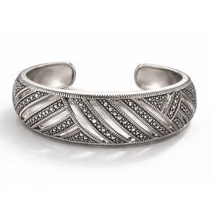 Marcasite Crystal Silver Tone Openwork Art Geometric Pattern Deco Cuff Bracelet